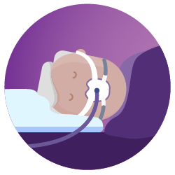 Ein rundes violettes Symbol mit der Zeichnung eines Mannes, der auf der Seite schläft und eine Maske trägt.