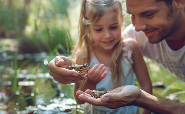 Tochter mit Vater am Teich, der in der Hand zwei Frösche hält